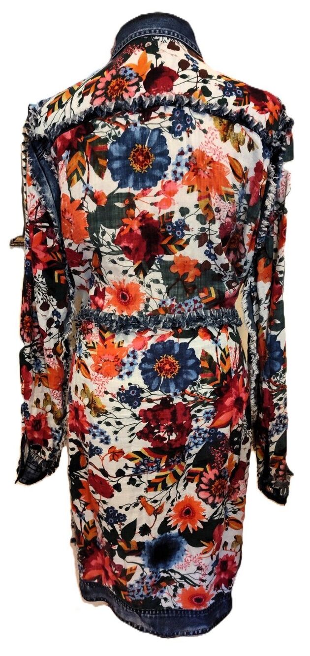 ADORE Distressed Denim Floral Duster Jacket Dress Artsy Boho Western Large EUC - Picture 4 of 6